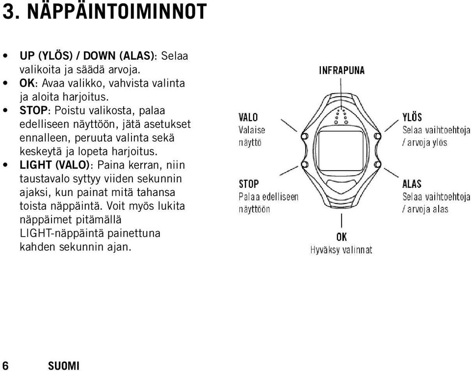 STOP: Poistu valikosta, palaa edelliseen näyttöön, jätä asetukset ennalleen, peruuta valinta sekä keskeytä ja lopeta