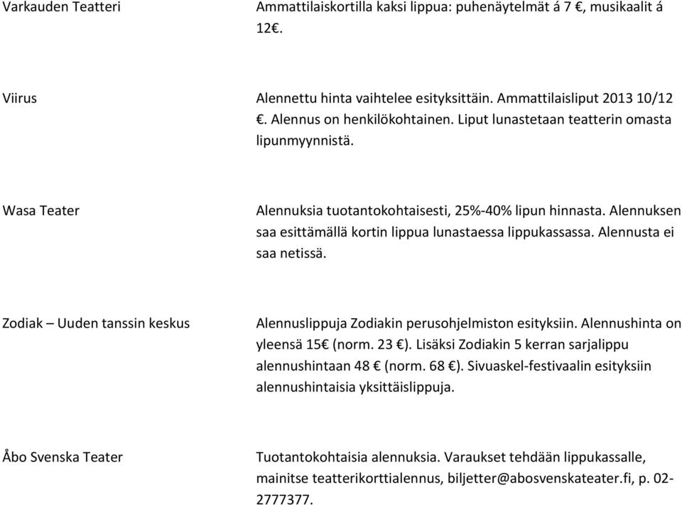 Alennusta ei saa netissä. Zodiak Uuden tanssin keskus Alennuslippuja Zodiakin perusohjelmiston esityksiin. Alennushinta on yleensä 15 (norm. 23 ).