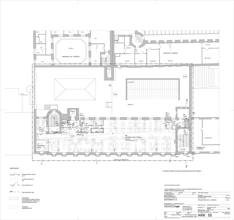 405 HILJHUONE 6,0 m 2 3,0 m 2 URK-LUEEN RJ VESIKTTO 402 YHTEISÖLLISTÄ TYÖTIL 247,0 m 2 n 45-55 työpistettä kuilu 1600x2010 kori 1100x00 900 800 kg, 9 hlöä 403 6,5 m 2 +2850 +16,235 20 20 404 TEKN 8,5