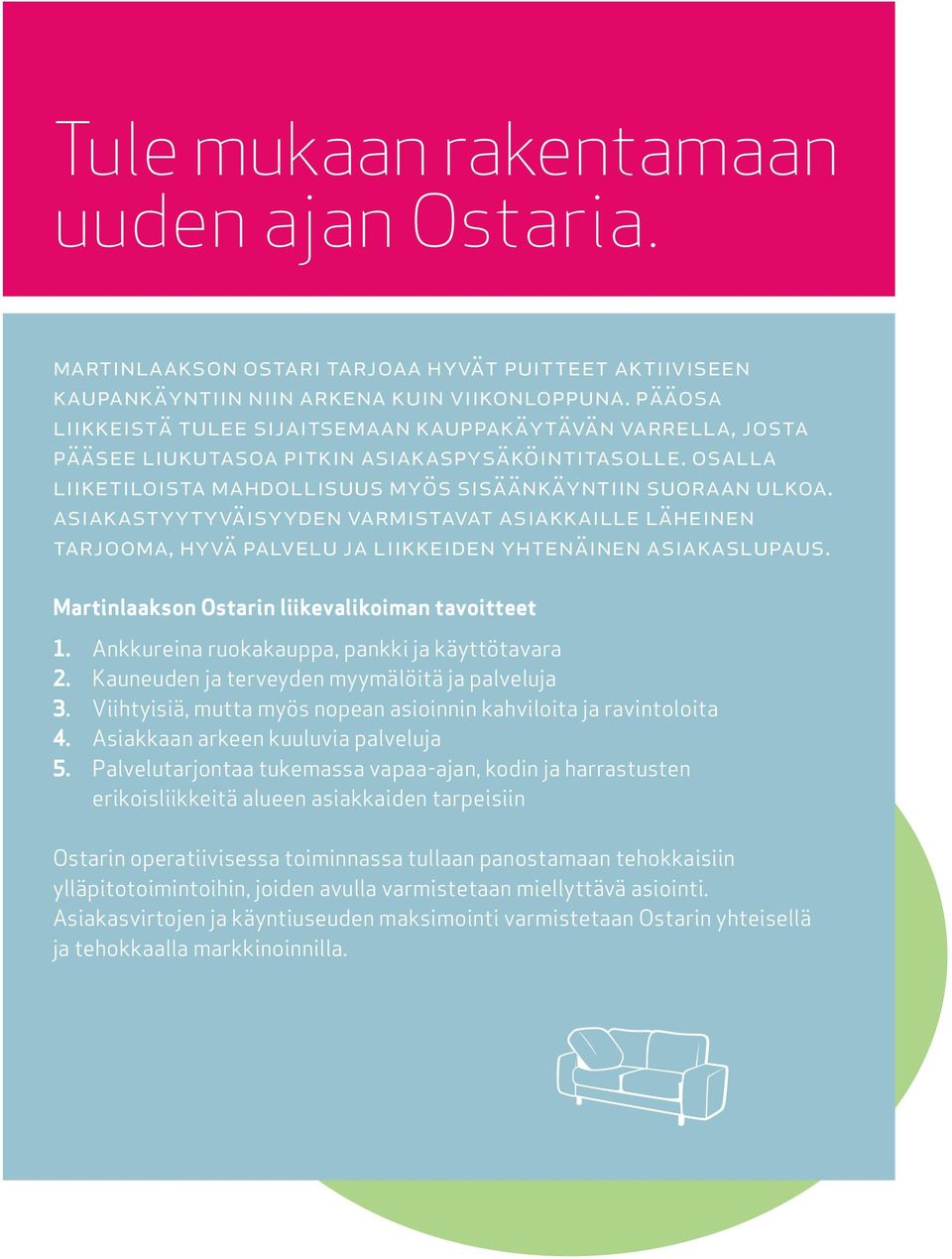 asiakastyytyväisyyden varmistavat asiakkaille läheinen tarjooma, hyvä palvelu ja liikkeiden yhtenäinen asiakaslupaus. Martinlaakson Ostarin liikevalikoiman tavoitteet 1.