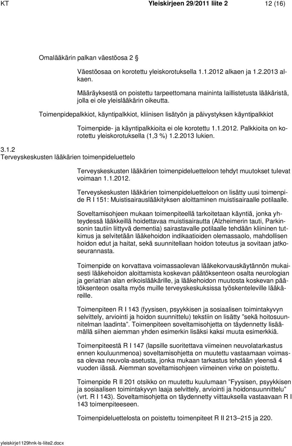 Toimenpidepalkkiot, käyntipalkkiot, kliinisen lisätyön ja päivystyksen käyntipalkkiot 3.1.2 Terveyskeskusten lääkärien toimenpideluettelo Toimenpide- ja käyntipalkkioita ei ole korotettu 1.1.2012.