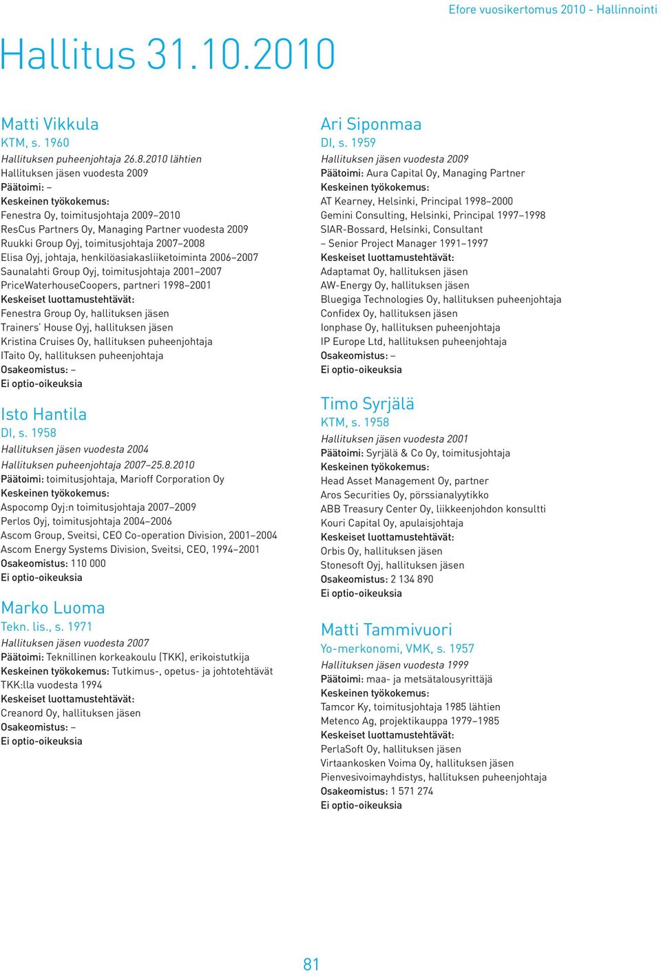 johtaja, henkilöasiakasliiketoiminta 2006 2007 Saunalahti Group Oyj, toimitusjohtaja 2001 2007 PriceWaterhouseCoopers, partneri 1998 2001 Fenestra Group Oy, hallituksen jäsen Trainers House Oyj,