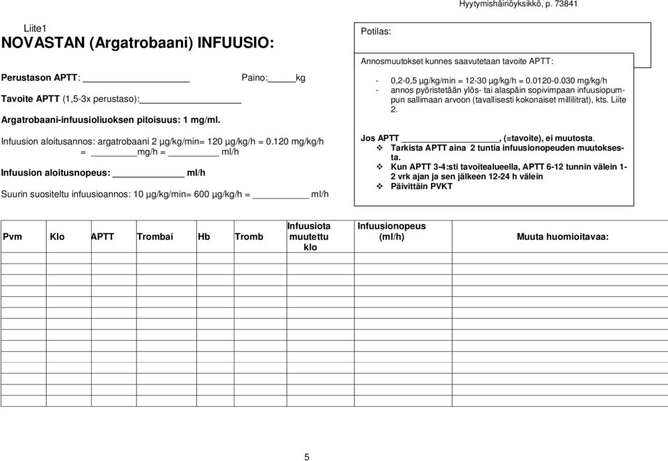 120 mg/kg/h = mg/h = ml/h Infuusion aloitusnopeus: ml/h Suurin suositeltu infuusioannos: 10 µg/kg/min= 600 µg/kg/h = ml/h Potilas: Annosmuutokset kunnes saavutetaan tavoite APTT: - 0,2-0,5 µg/kg/min