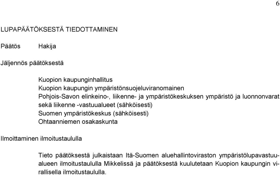 -vastuualueet (sähköisesti) Suomen ympäristökeskus (sähköisesti) Ohtaanniemen osakaskunta Ilmoittaminen ilmoitustaululla Tieto