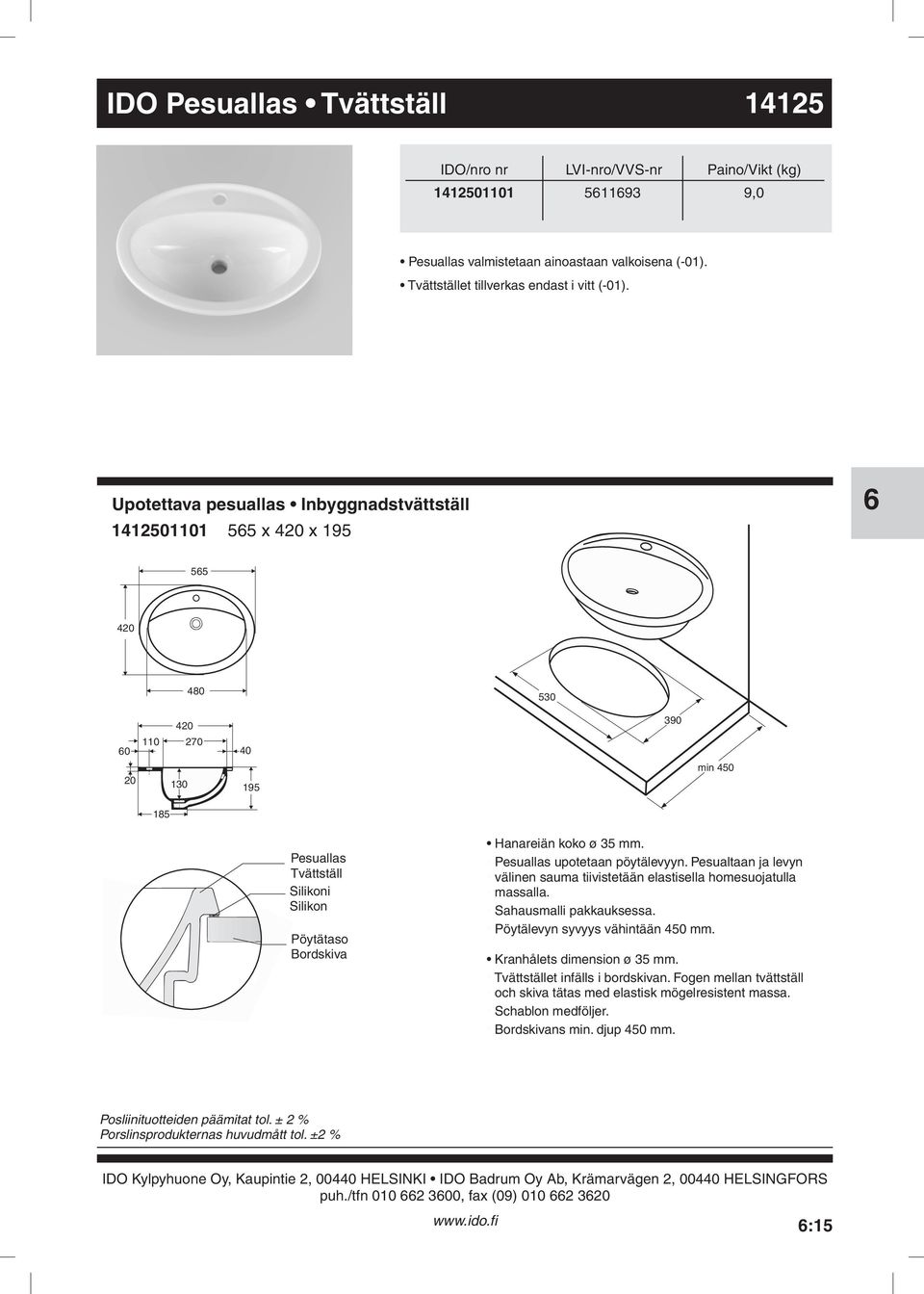 ja levyn välinen sauma tiivistetään elastisella homesuojatulla massalla Sahausmalli pakkauksessa Pöytälevyn syvyys vähintään 450 mm Kranhålets dimension ø 35 mm Tvättstället infälls i bordskivan