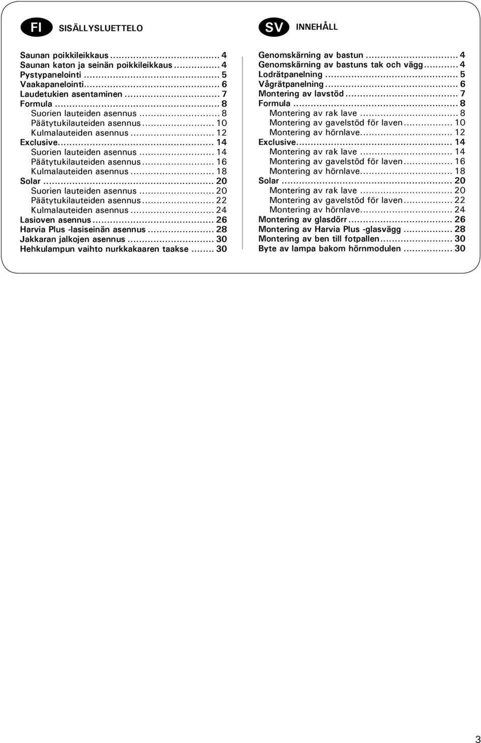 .. 18 Solar... 20 Suorien lauteiden asennus... 20 Päätytukilauteiden asennus... 22 Kulmalauteiden asennus... 24 Lasioven asennus... 26 Harvia Plus -lasiseinän asennus... 28 Jakkaran jalkojen asennus.