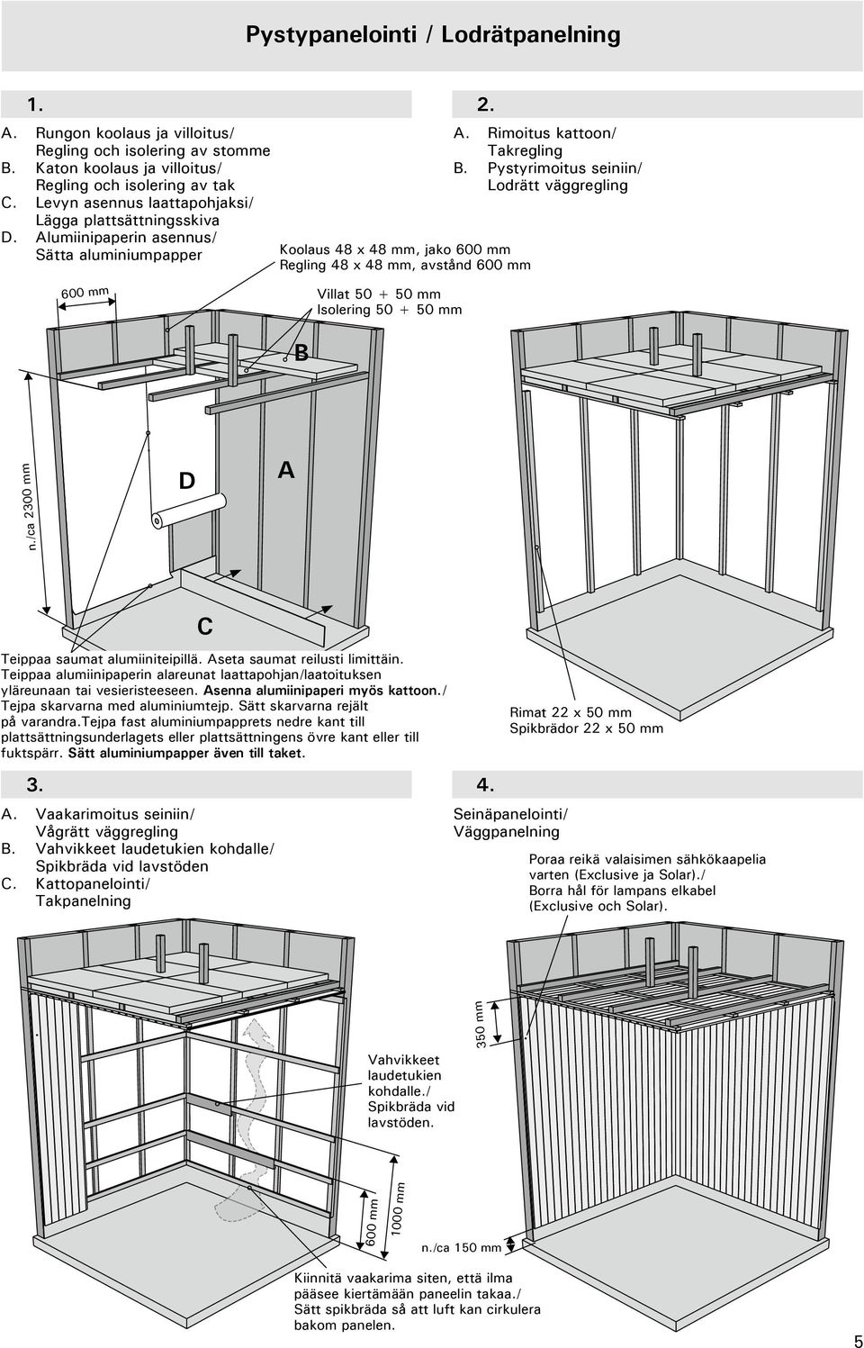 Alumiinipaperin asennus/ Sätta aluminiumpapper Koolaus 48 x 48 mm, jako Regling 48 x 48 mm, avstånd B Villat 50 + 50 mm Isolering 50 + 50 mm A. Rimoitus kattoon/ Takregling B.