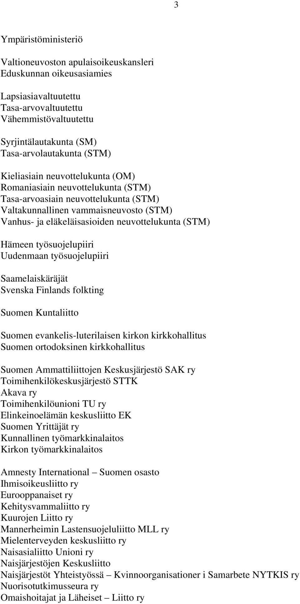 Hämeen työsuojelupiiri Uudenmaan työsuojelupiiri Saamelaiskäräjät Svenska Finlands folkting Suomen Kuntaliitto Suomen evankelis-luterilaisen kirkon kirkkohallitus Suomen ortodoksinen kirkkohallitus