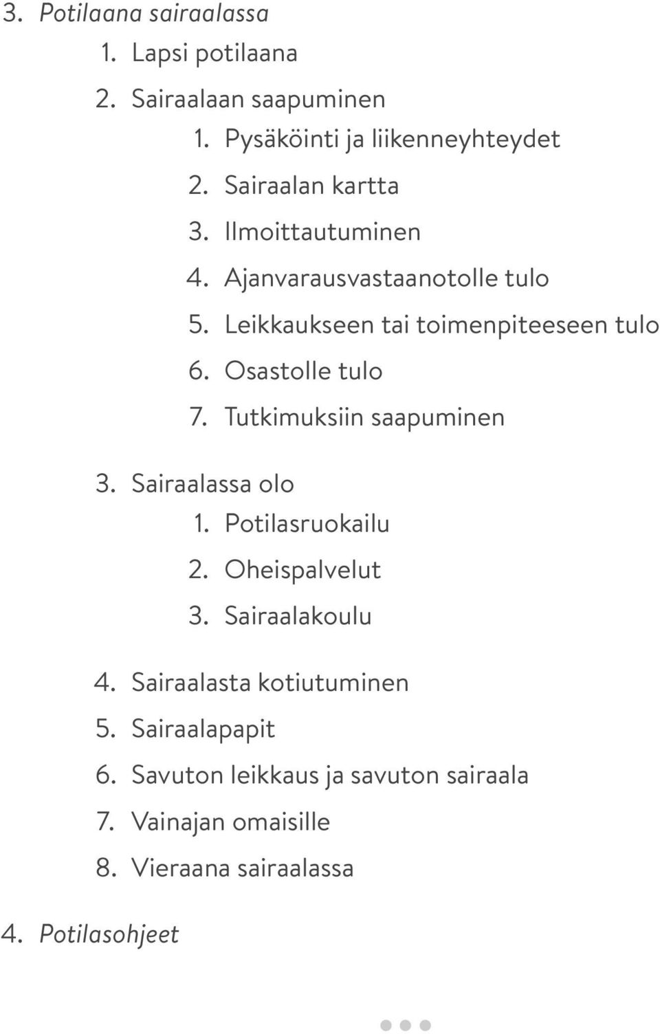 Osastolle tulo 7. Tutkimuksiin saapuminen 3. Sairaalassa olo 1. Potilasruokailu 2. Oheispalvelut 3. Sairaalakoulu 4.