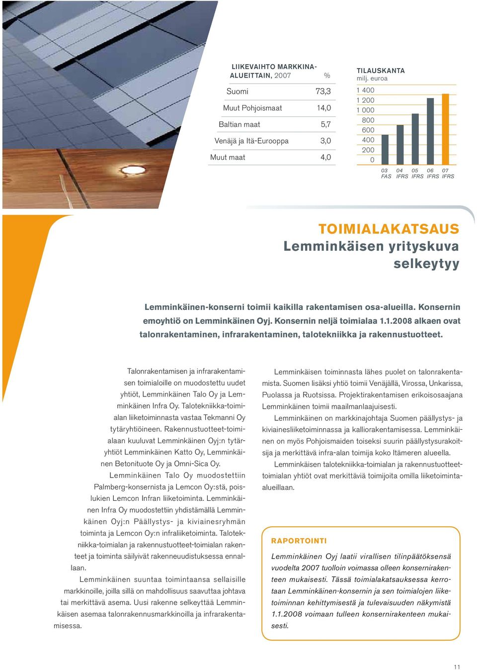 Konsernin emoyhtiö on Lemminkäinen Oyj. Konsernin neljä toimialaa 1.1.2008 alkaen ovat talonrakentaminen, infrarakentaminen, talotekniikka ja rakennustuotteet.