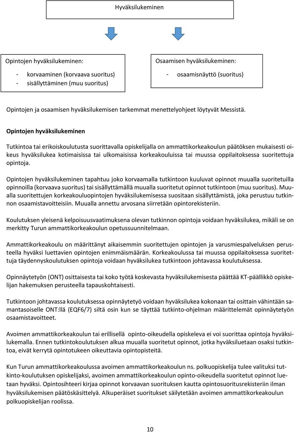 Opintojen hyväksilukeminen Tutkintoa tai erikoiskoulutusta suorittavalla opiskelijalla on ammattikorkeakoulun päätöksen mukaisesti oikeus hyväksilukea kotimaisissa tai ulkomaisissa korkeakouluissa