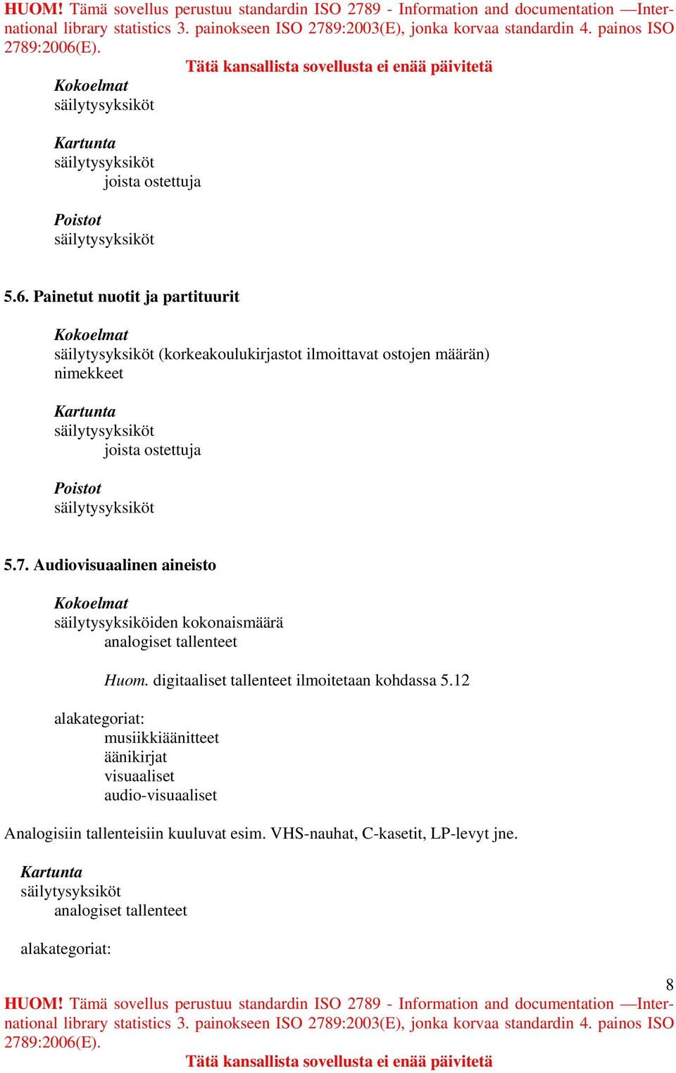 Poistot 5.7. Audiovisuaalinen aineisto Kokoelmat säilytysyksiköiden kokonaismäärä analogiset tallenteet Huom.