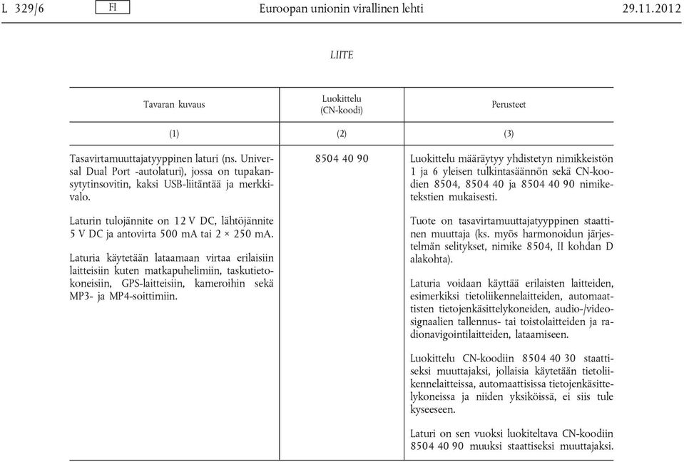 Laturia käytetään lataamaan virtaa erilaisiin laitteisiin kuten matkapuhelimiin, taskutietokoneisiin, GPS-laitteisiin, kameroihin sekä MP3- ja MP4-soittimiin.