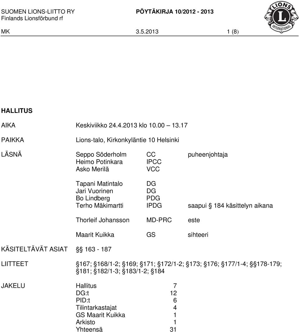 Tapani Matintalo DG Jari Vuorinen DG Bo Lindberg PDG Terho Mäkimartti IPDG saapui 184 käsittelyn aikana Thorleif Johansson MD-PRC este Maarit Kuikka GS