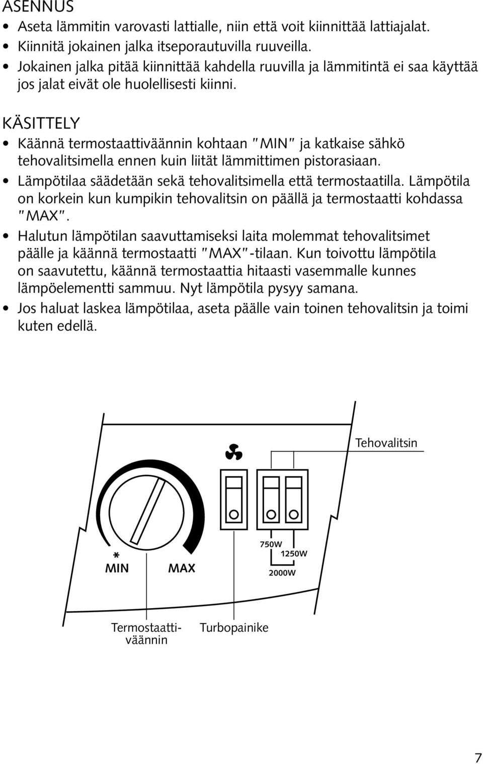 KÄSITTELY Käännä termostaattiväännin kohtaan MIN ja katkaise sähkö tehovalitsimella ennen kuin liität lämmittimen pistorasiaan. Lämpötilaa säädetään sekä tehovalitsimella että termostaatilla.