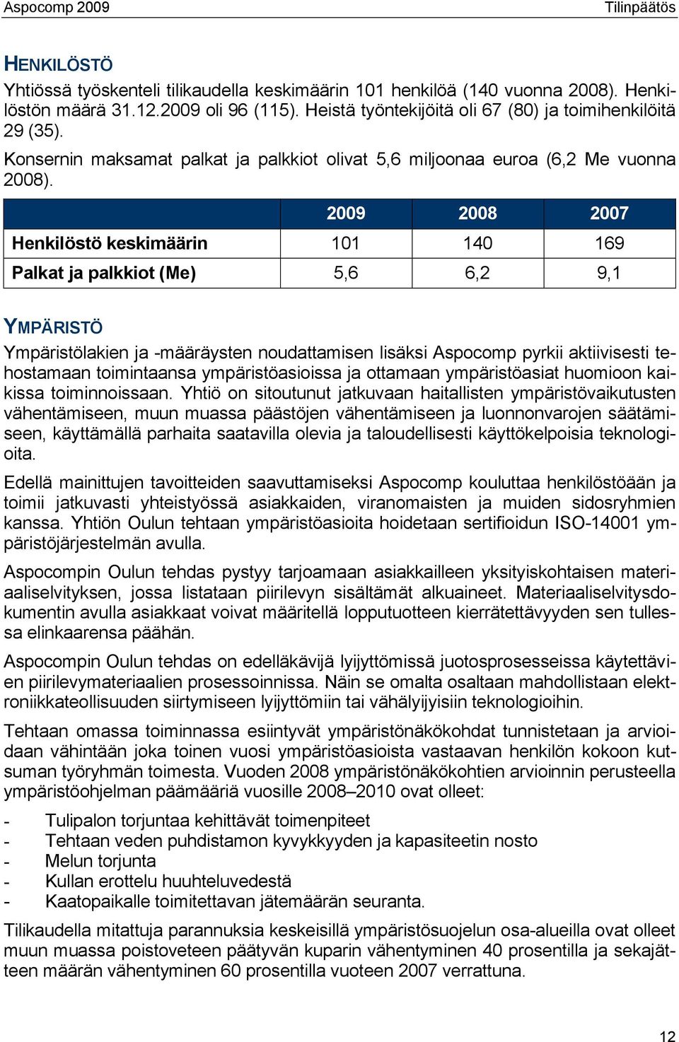 2009 2008 2007 Henkilöstö keskimäärin 101 140 169 Palkat ja palkkiot (Me) 5,6 6,2 9,1 YMPÄRISTÖ Ympäristölakien ja -määräysten noudattamisen lisäksi Aspocomp pyrkii aktiivisesti tehostamaan