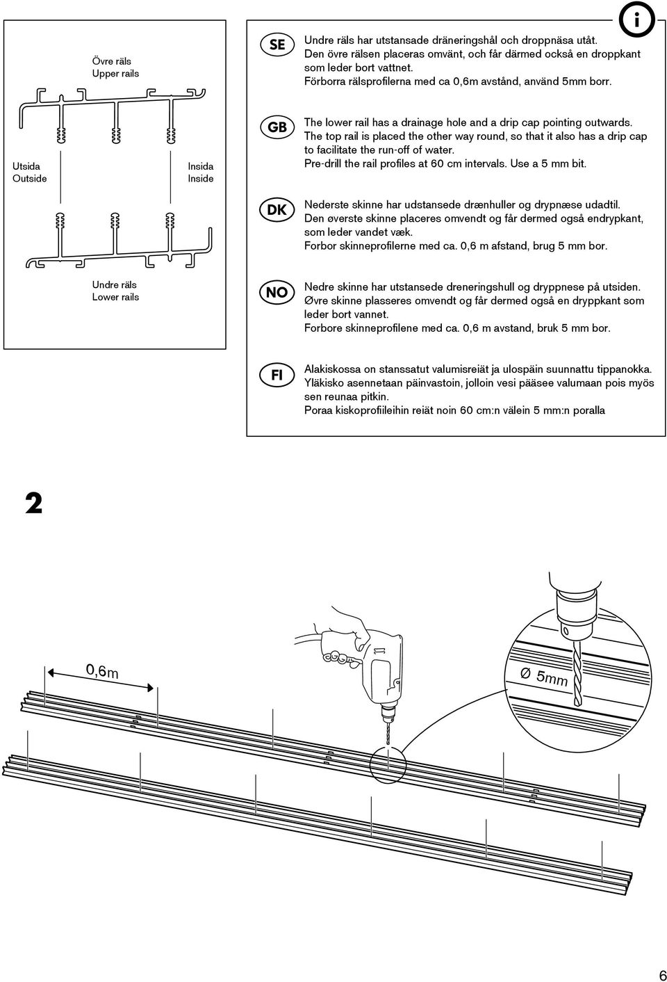 The top rail is placed the other way round, so that it also has a drip cap to facilitate the run-off of water. Pre-drill the rail profiles at 60 cm intervals. Use a 5 mm bit.