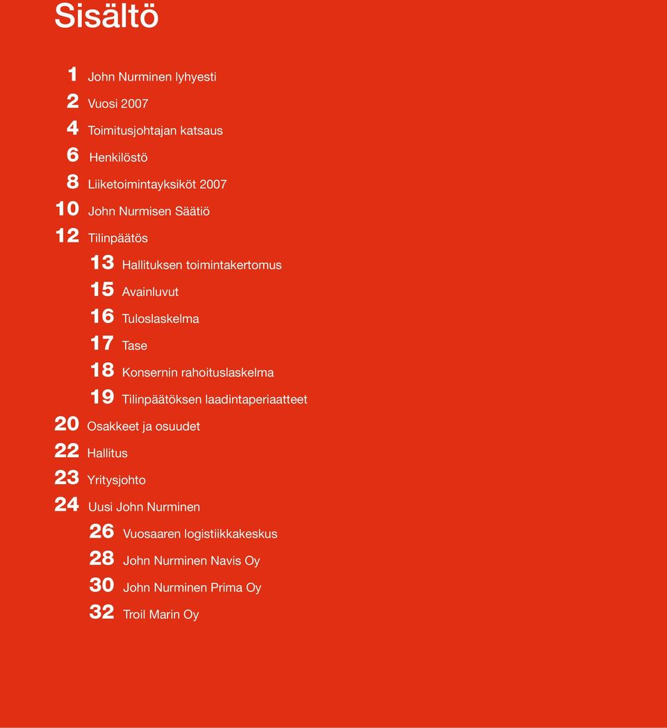 Konsernin rahoituslaskelma 19 Tilinpäätöksen laadintaperiaatteet 20 Osakkeet ja osuudet 22 Hallitus 23 Yritysjohto