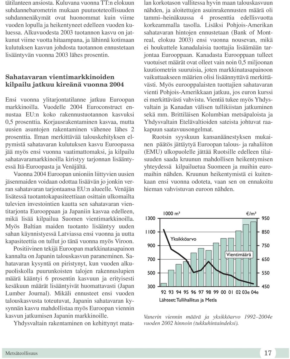 Sahatavaran vientimarkkinoiden kilpailu jatkuu kireänä vuonna 2004 Ensi vuonna ylitarjontatilanne jatkuu Euroopan markkinoilla.