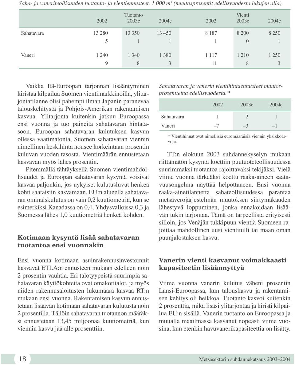 lisääntyminen kiristää kilpailua Suomen vientimarkkinoilla, ylitarjontatilanne olisi pahempi ilman Japanin paranevaa talouskehitystä ja Pohjois-Amerikan rakentamisen kasvua.