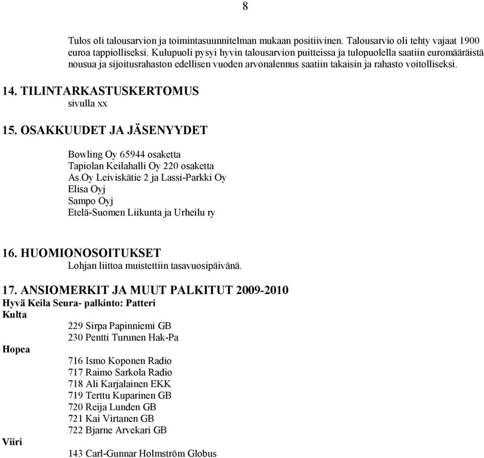 TILINTARKASTUSKERTOMUS sivulla xx 15. OSAKKUUDET JA JÄSENYYDET Bowling Oy 65944 osaketta Tapiolan Keilahalli Oy 220 osaketta As.