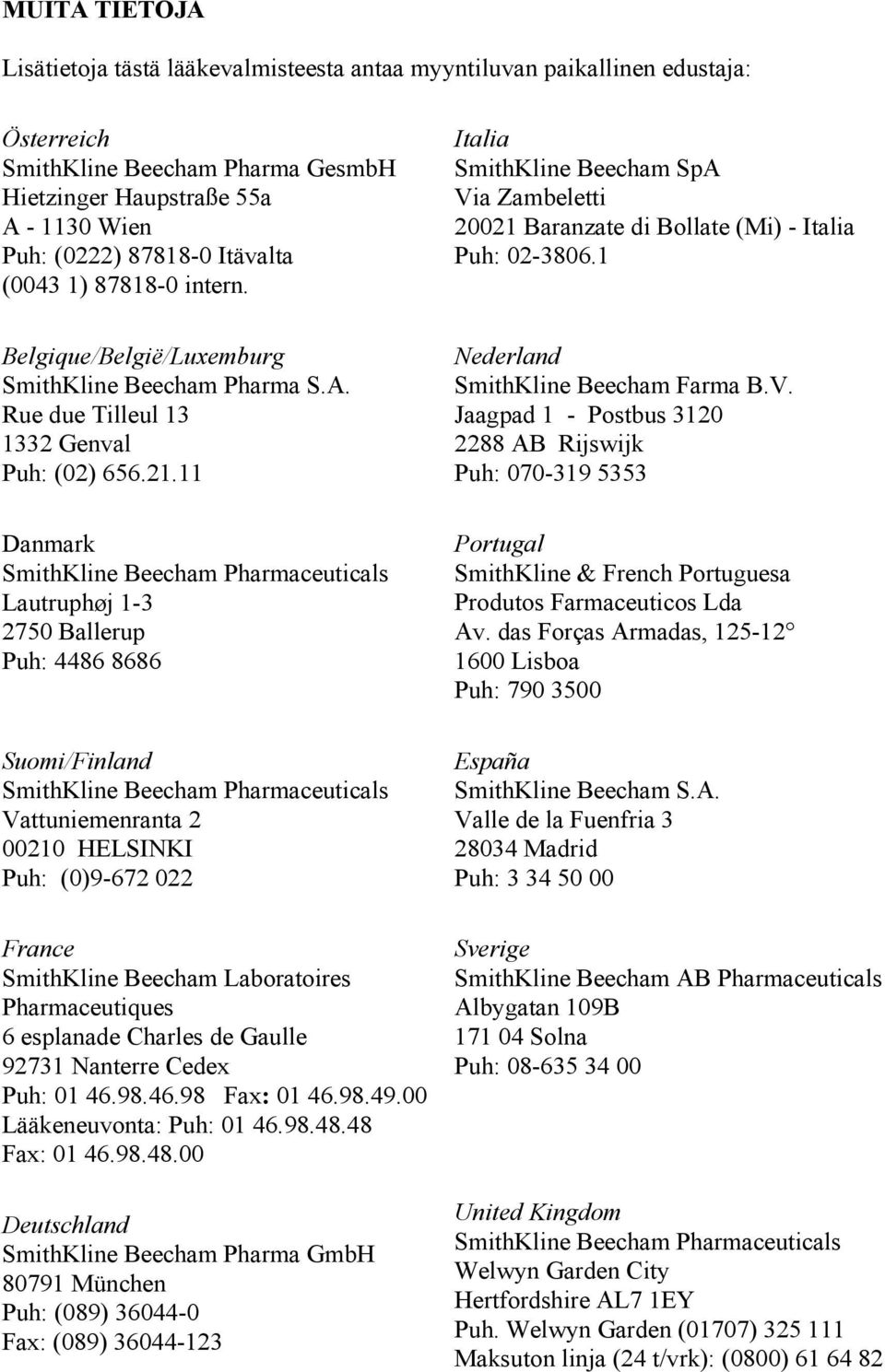 21.11 Danmark SmithKline Beecham Pharmaceuticals Lautruphøj 1-3 2750 Ballerup Puh: 4486 8686 Suomi/Finland SmithKline Beecham Pharmaceuticals Vattuniemenranta 2 00210 HELSINKI Puh: (0)9-672 022