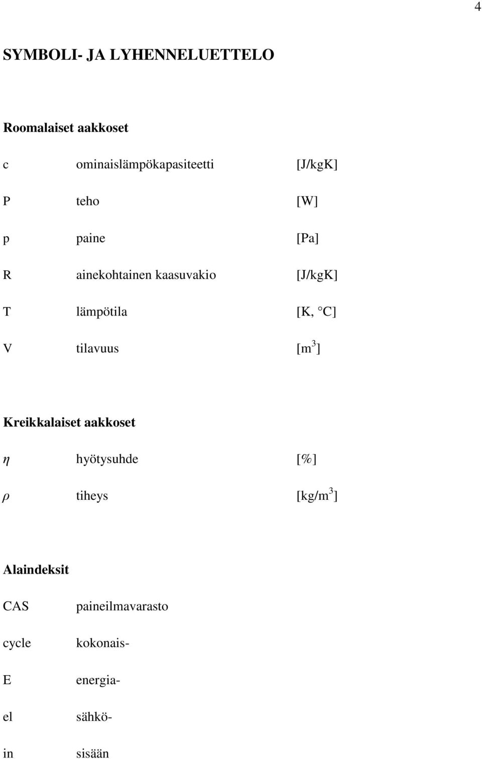 [K, C] V tilavuus [m 3 ] Kreikkalaiset aakkoset η hyötysuhde [%] ρ tiheys