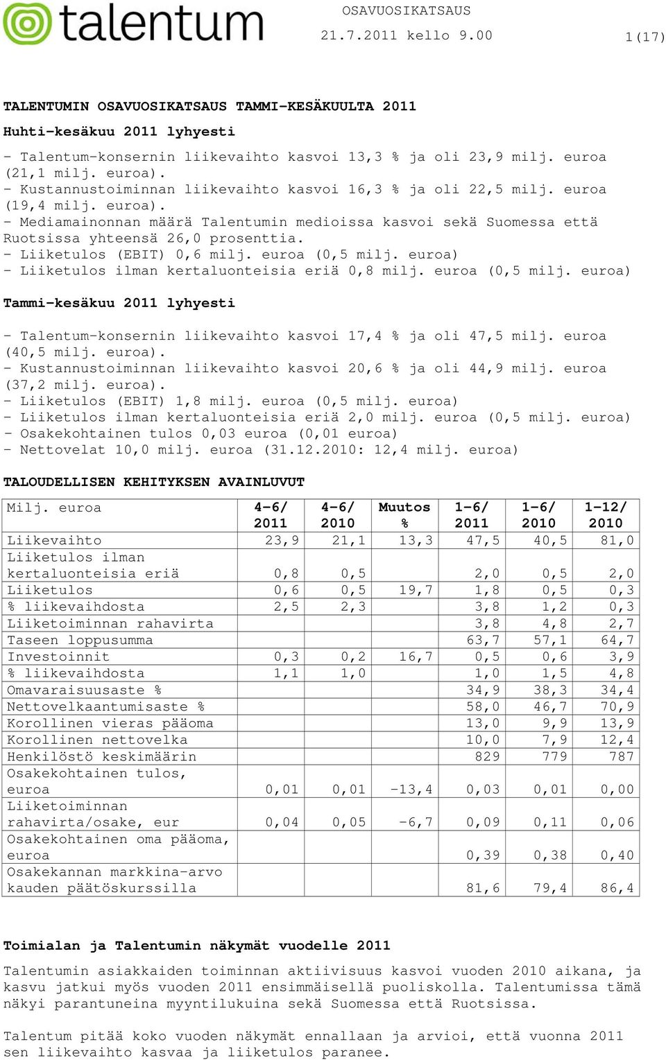 - Liiketulos (EBIT) 0,6 milj. euroa (0,5 milj. euroa) - Liiketulos ilman kertaluonteisia eriä 0,8 milj. euroa (0,5 milj. euroa) Tammi-kesäkuu lyhyesti - Talentum-konsernin liikevaihto kasvoi 17,4 % ja oli 47,5 milj.