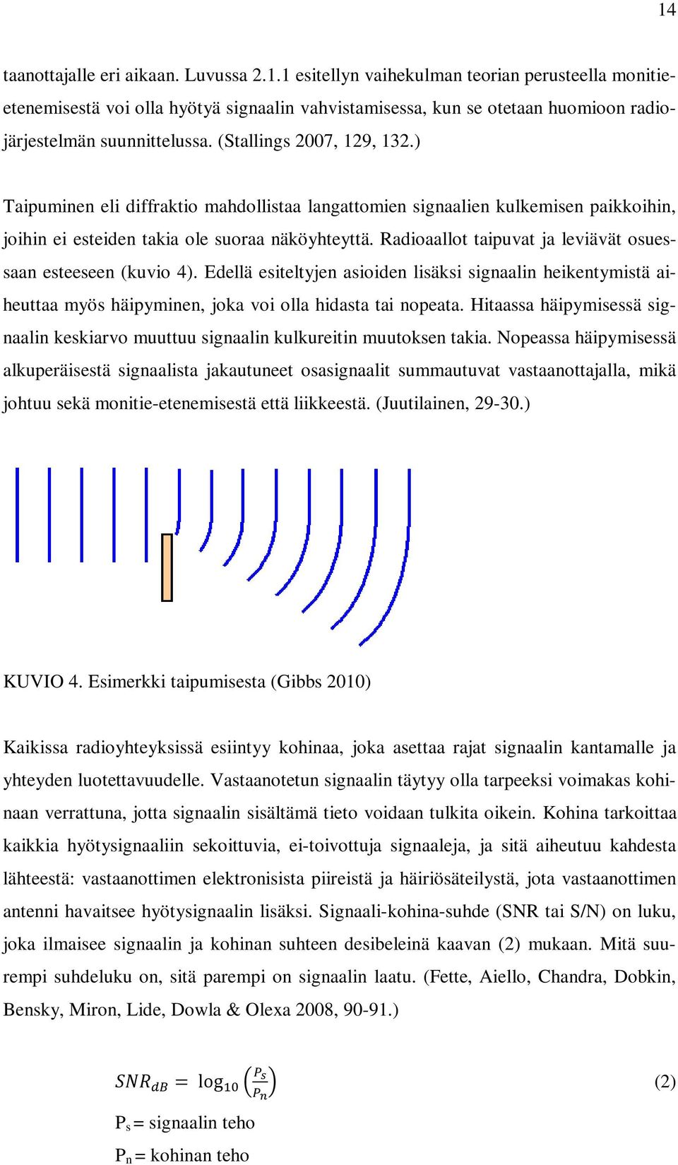 Radioaallot taipuvat ja leviävät osuessaan esteeseen (kuvio 4). Edellä esiteltyjen asioiden lisäksi signaalin heikentymistä aiheuttaa myös häipyminen, joka voi olla hidasta tai nopeata.