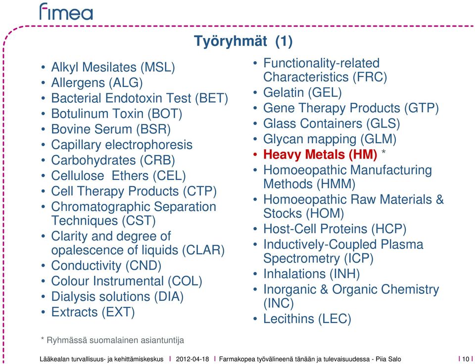 Ryhmässä suomalainen asiantuntija Työryhmät (1) Functionality-related Characteristics (FRC) Gelatin (GEL) Gene Therapy Products (GTP) Glass Containers (GLS) Glycan mapping (GLM) Heavy Metals (HM) *