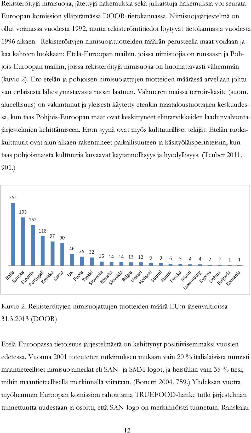 Rekisteröityjen nimisuojatuotteiden määrän perusteella maat voidaan jakaa kahteen luokkaan: Etelä-Euroopan maihin, joissa nimisuojia on runsaasti ja Pohjois-Euroopan maihin, joissa rekisteröityjä