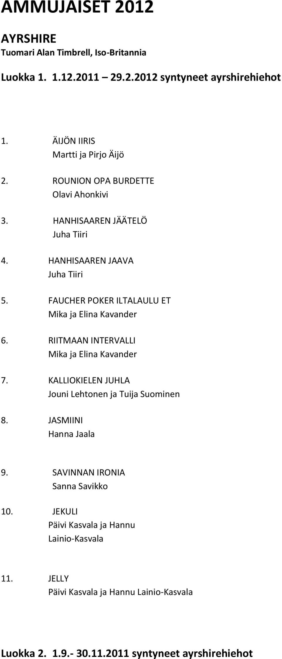 FAUCHER POKER ILTALAULU ET Mika ja Elina Kavander 6. RIITMAAN INTERVALLI Mika ja Elina Kavander 7. KALLIOKIELEN JUHLA Jouni Lehtonen ja Tuija Suominen 8.