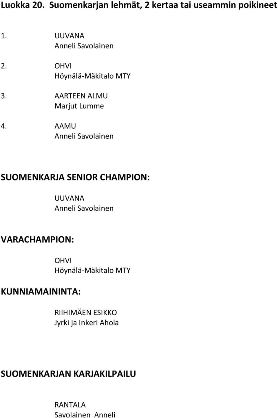 AAMU Anneli Savolainen SUOMENKARJA SENIOR CHAMPION: UUVANA Anneli Savolainen VARACHAMPION: