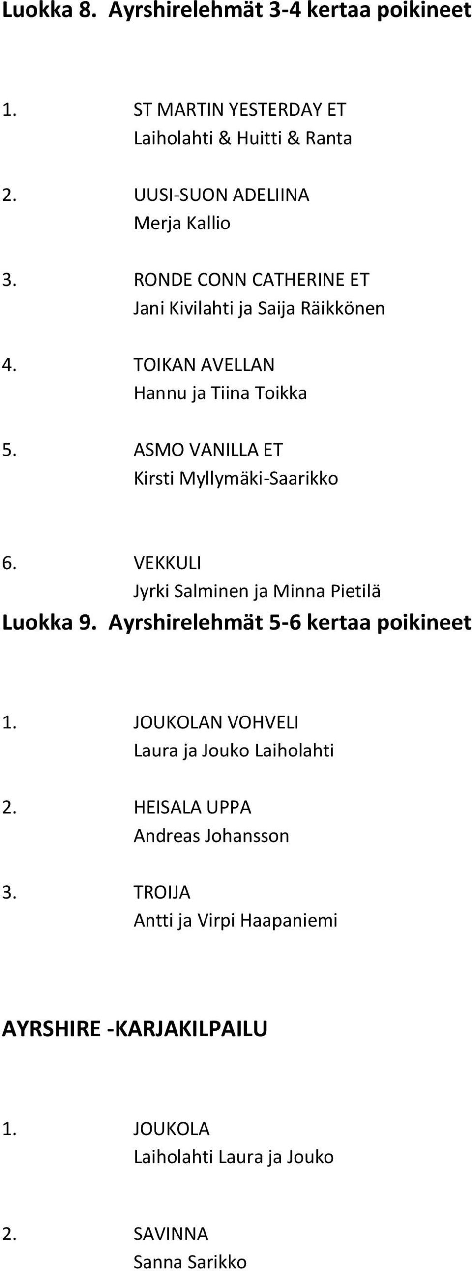 ASMO VANILLA ET Kirsti Myllymäki-Saarikko 6. VEKKULI Jyrki Salminen ja Minna Pietilä Luokka 9. Ayrshirelehmät 5-6 kertaa poikineet 1.