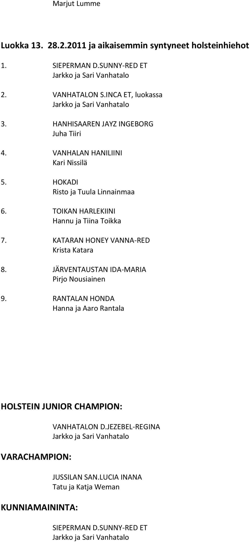 TOIKAN HARLEKIINI Hannu ja Tiina Toikka 7. KATARAN HONEY VANNA-RED Krista Katara 8. JÄRVENTAUSTAN IDA-MARIA Pirjo Nousiainen 9.