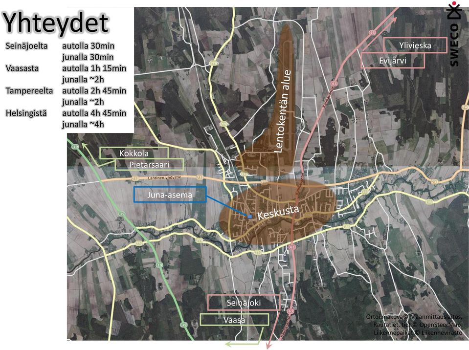 junalla ~4h Evijärvi Ylivieska Kokkola Pietarsaari Juna-asema Seinäjoki Vaasa