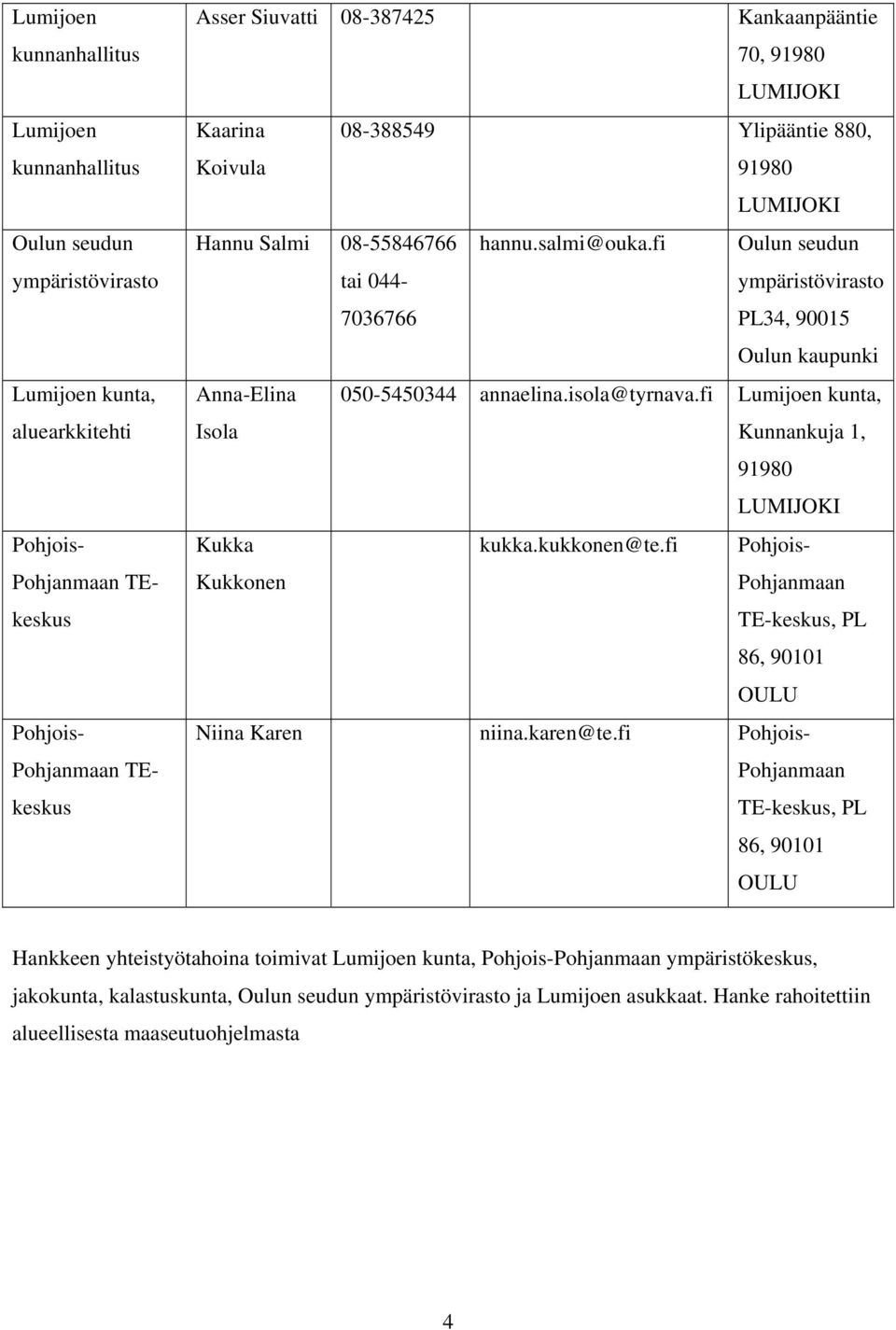 fi Oulun seudun tai 044- ympäristövirasto 7036766 PL34, 90015 Oulun kaupunki Anna-Elina 050-5450344 annaelina.isola@tyrnava.fi Lumijoen kunta, Isola Kunnankuja 1, Kukka kukka.kukkonen@te.