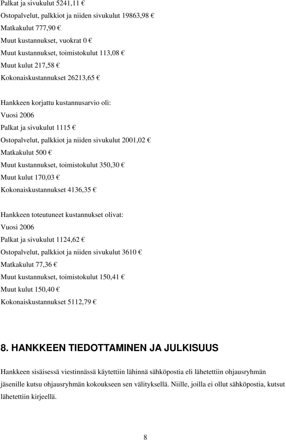 toimistokulut 350,30 Muut kulut 170,03 Kokonaiskustannukset 4136,35 Hankkeen toteutuneet kustannukset olivat: Vuosi 2006 Palkat ja sivukulut 1124,62 Ostopalvelut, palkkiot ja niiden sivukulut 3610