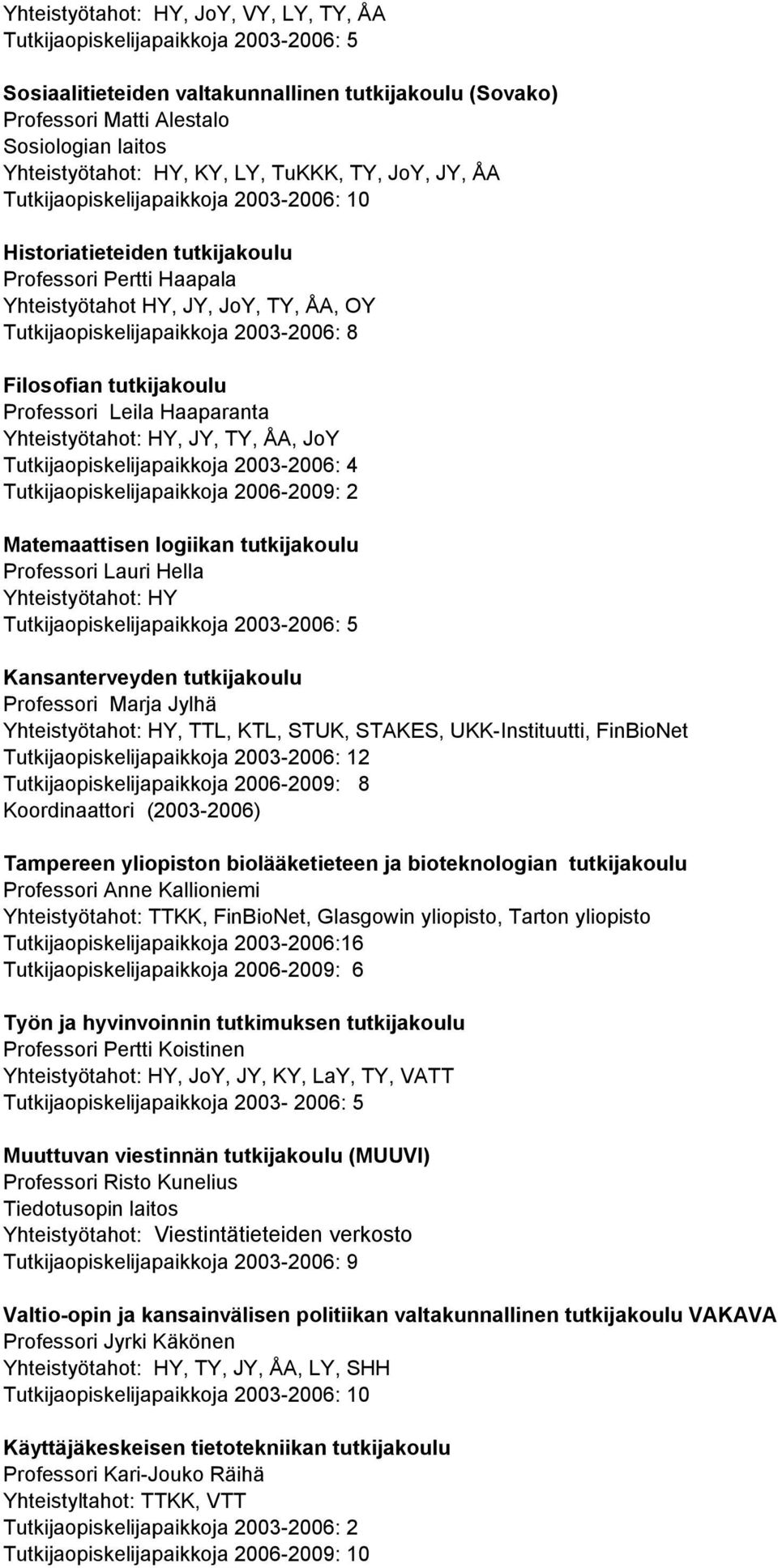 Professori Leila Haaparanta Yhteistyötahot: HY, JY, TY, ÅA, JoY Tutkijaopiskelijapaikkoja 2003-2006: 4 Tutkijaopiskelijapaikkoja 2006-2009: 2 Matemaattisen logiikan tutkijakoulu Professori Lauri