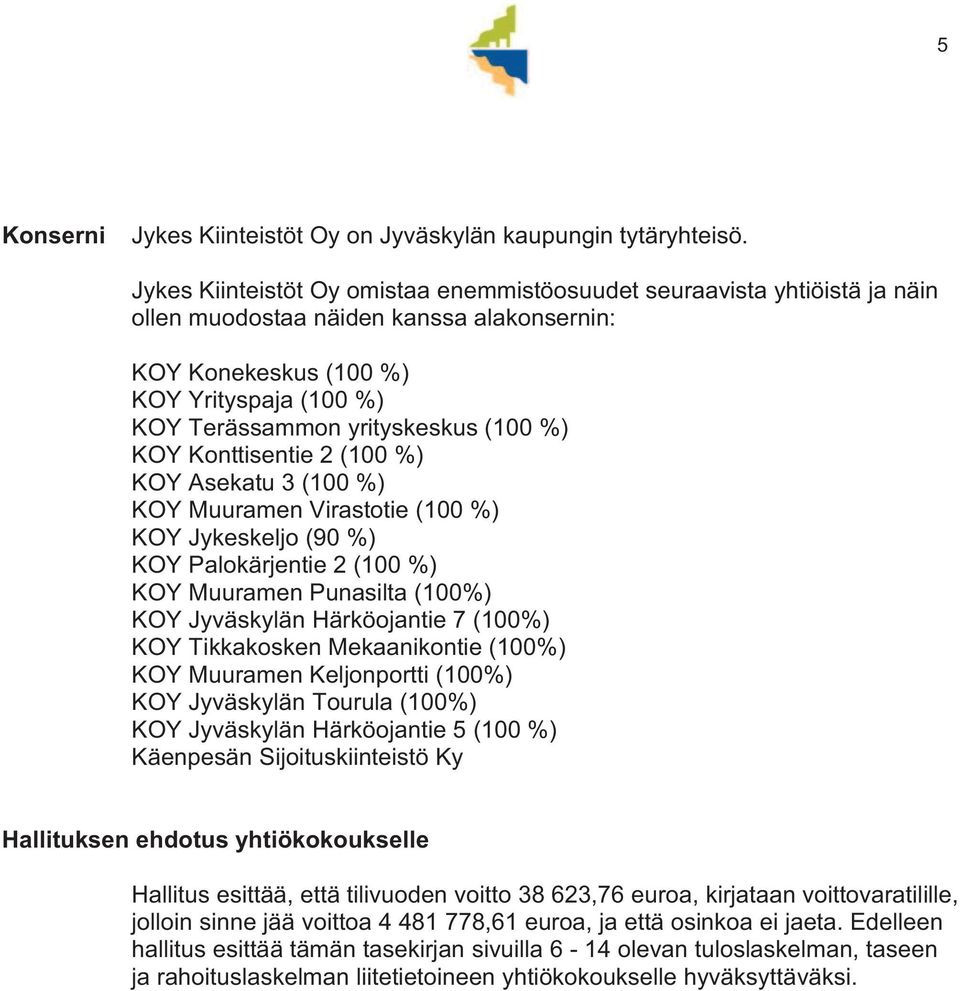 %) KOY Konttisentie 2 (100 %) KOY Asekatu 3 (100 %) KOY Muuramen Virastotie (100 %) KOY Jykeskeljo (90 %) KOY Palokärjentie 2 (100 %) KOY Muuramen Punasilta (100%) KOY Jyväskylän Härköojantie 7