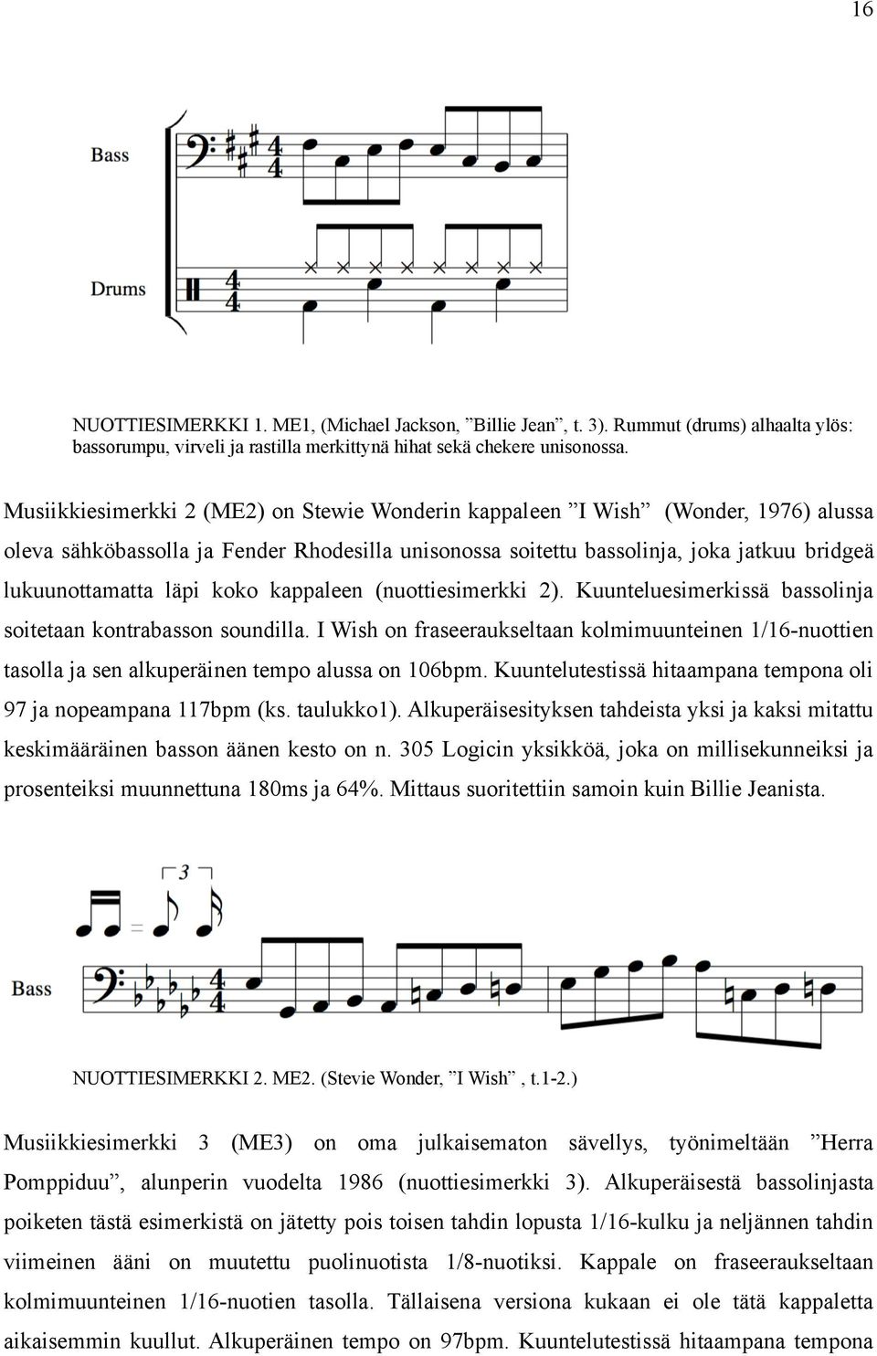 koko kappaleen (nuottiesimerkki 2). Kuunteluesimerkissä bassolinja soitetaan kontrabasson soundilla.