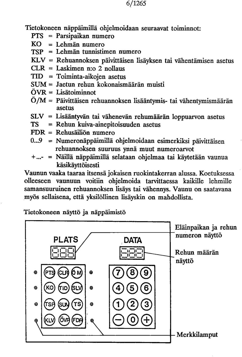 Lisääntyvän tai vähenevän rehumäärän lppuarvn asetus TS = Rehun kuiva-ainepitisuuden asetus FDR = Rehusäiliön numer.