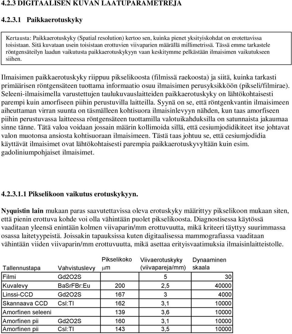 Tässä emme tarkastele röntgensäteilyn laadun vaikutusta paikkaerotuskykyyn vaan keskitymme pelkästään ilmaisimen vaikutukseen siihen.