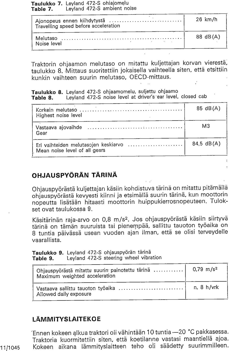 taulukko 8. Mittaus suoritettiin jokaisella vaihteella siten, että etsittiin kunkin vaihteen suurin melutaso, OECD-mittaus. Taulukko 8. Leyland 472-S ohjaamomelu, suljettu ohjaamo Table 8.