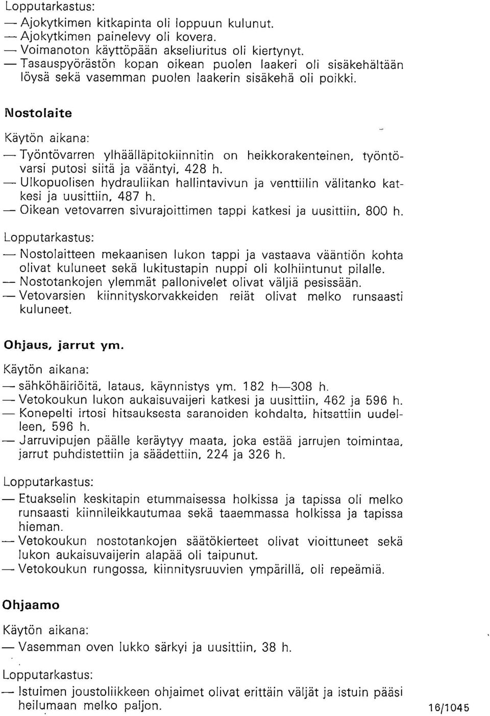 Nostolaite Käytön aikana: Työntövarren ylhäälläpitokiinnitin on heikkorakenteinen, työntövarsi putosi siitä ja vääntyi, 428 h.