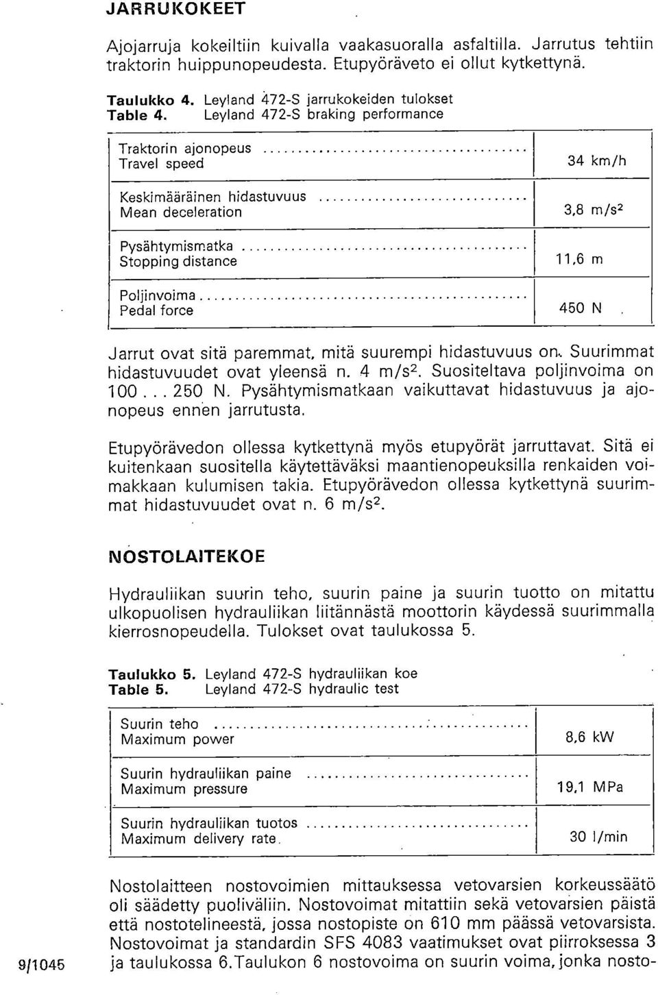 Leyland 472-S braking performance Traktorin ajonopeus Travel speed Keskimääräinen hidastuvuus Mean deceleration Pysähtymismatka Stopping distance Poljinvoima Pedal force 34 km/h 3,8 m/s2 11,6 m 450 N