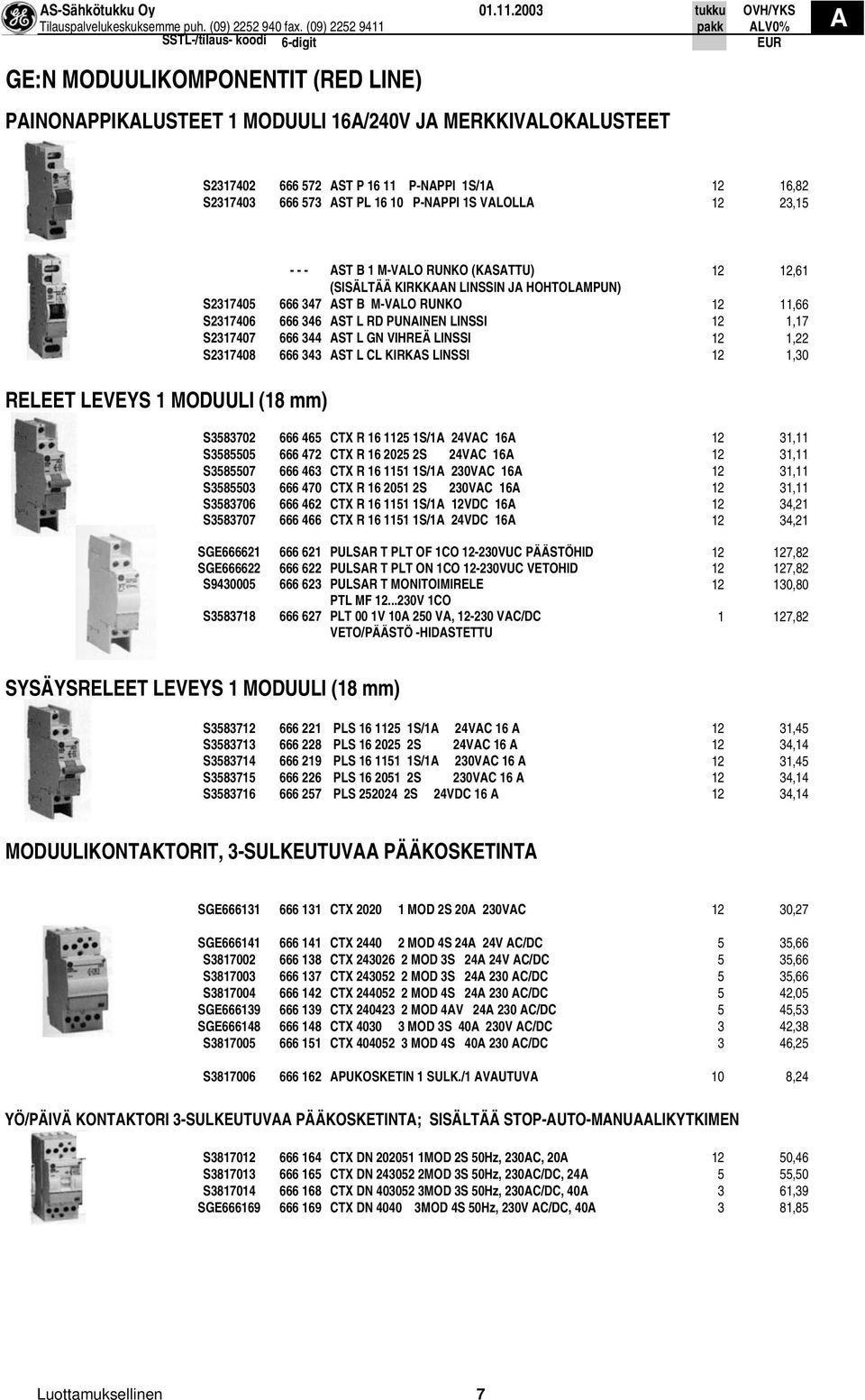 1S VLOLL 12 23,15 RELEET LEVEYS 1 MODUULI (18 mm) - - - ST B 1 M-VLO RUNKO (KSTTU) 12 12,61 (SISÄLTÄÄ KIRKKN LINSSIN J HOHTOLMPUN) S2317405 666 347 ST B M-VLO RUNKO 12 11,66 S2317406 666 346 ST L RD