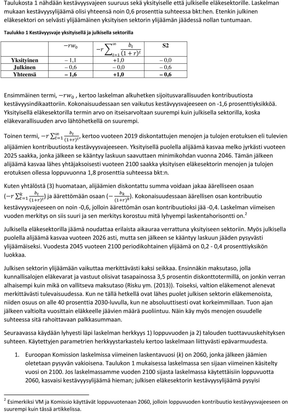 Taulukko 1 Kestävyysvaje yksityisellä ja julkisella sektorilla S2 1 Yksityinen 1,1 +1,0 0,0 Julkinen 0,6 0,0 0,6 Yhteensä 1,6 +1,0 0,6 Ensimmäinen termi,, kertoo laskelman alkuhetken