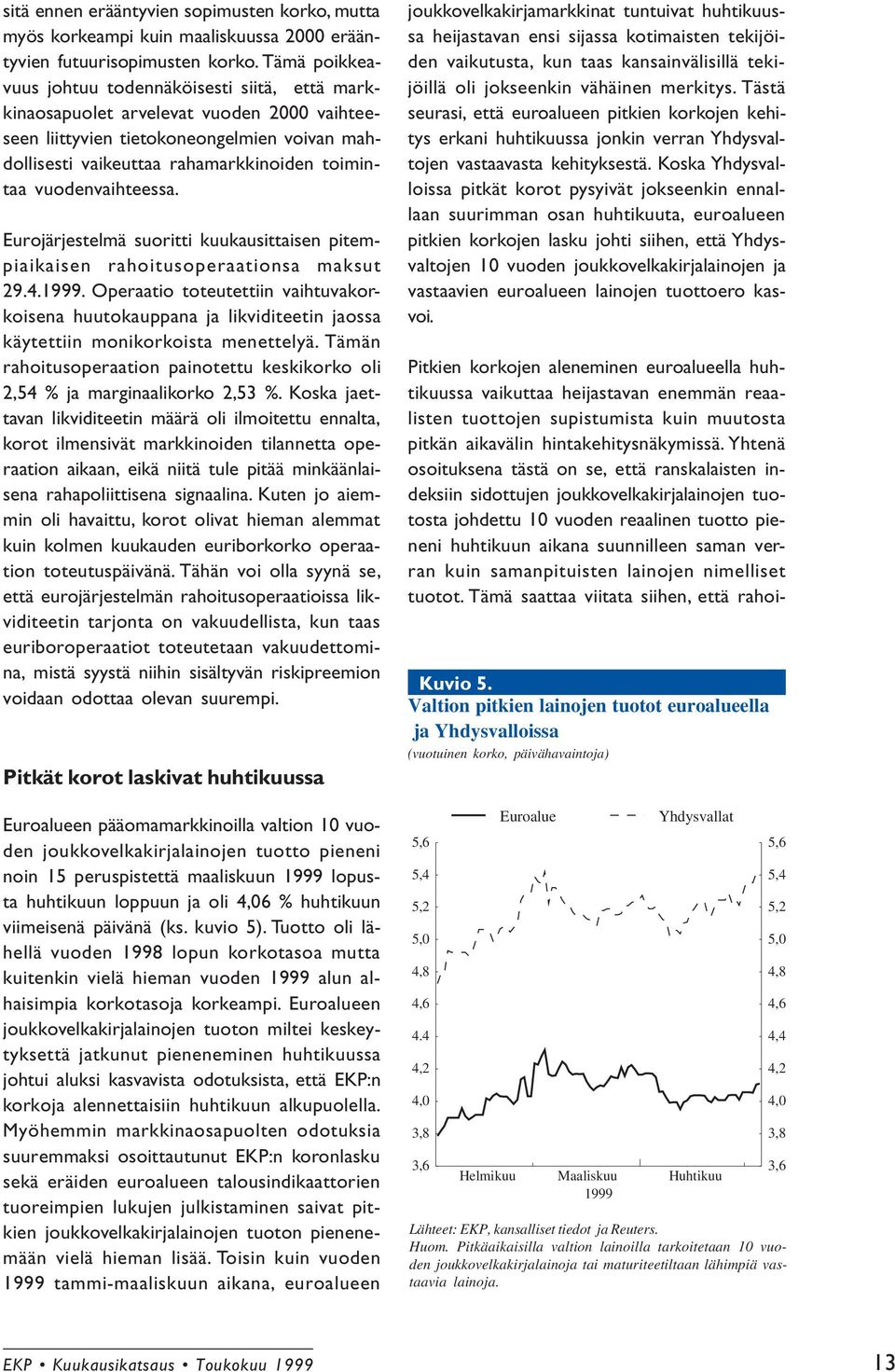 vuodenvaihteessa. Eurojärjestelmä suoritti kuukausittaisen pitempiaikaisen rahoitusoperaationsa maksut 29.4.1999.