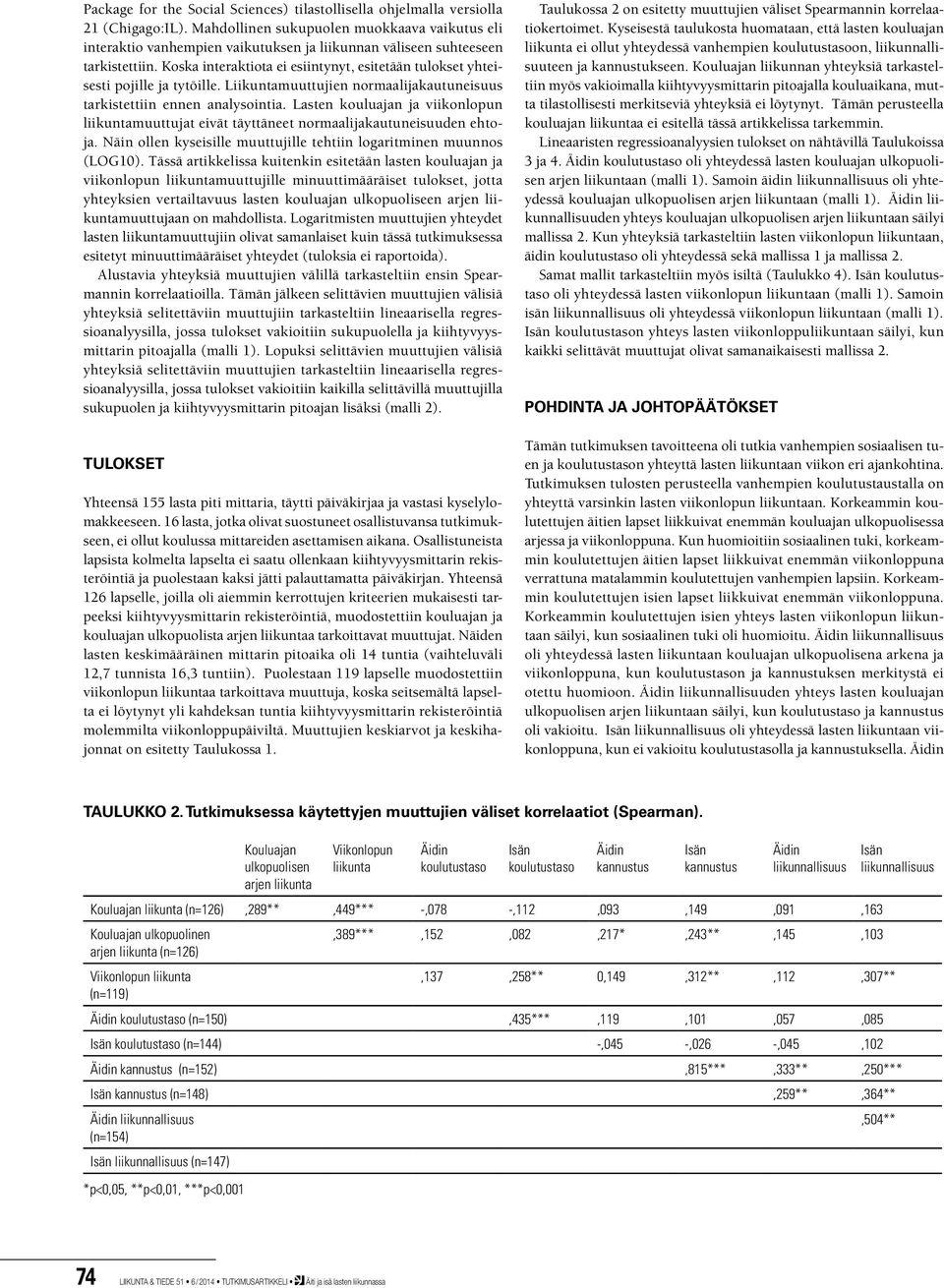 Koska interaktiota ei esiintynyt, esitetään tulokset yhteisesti pojille ja tytöille. Liikuntamuuttujien normaalijakautuneisuus tarkistettiin ennen analysointia.